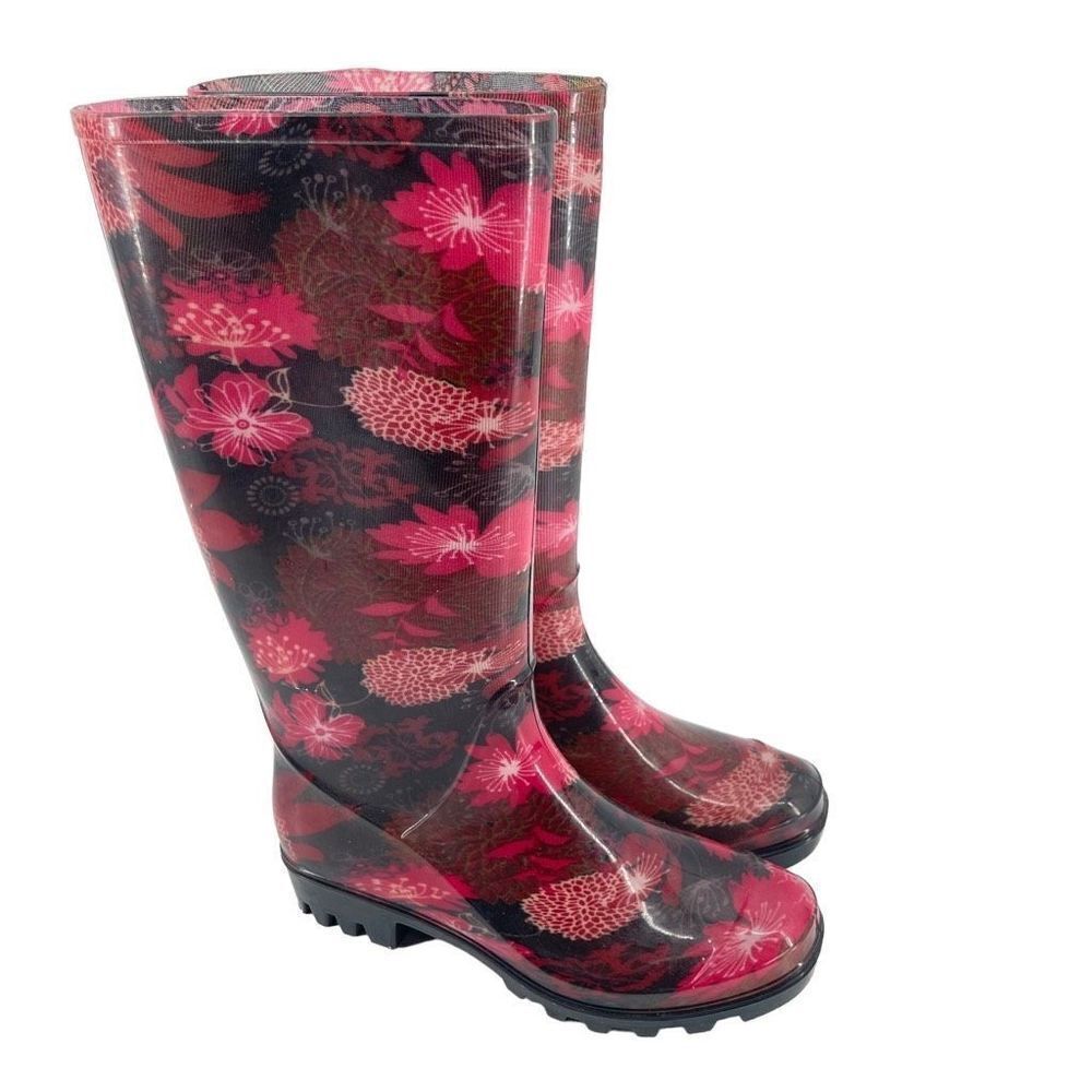 725 Originals Women’s Pink Floral Tall Rubber Waterproof Boots Size 5
